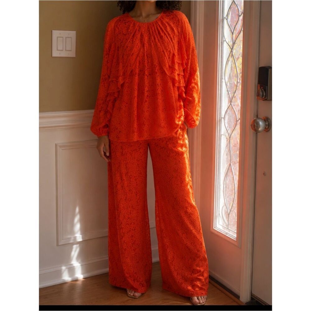 NWT Ashley Stewart orange lace top ruffle &pants the top is SZ 16 pants SZ18